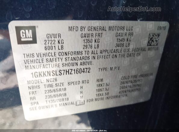 1GKKNSLS7HZ160472 2017 GMC ACADIA Blue Engine compartment view