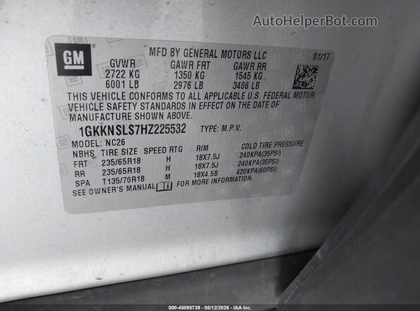 1GKKNSLS7HZ225532 2017 GMC ACADIA Silver ძრავის განყოფილების ხედი
