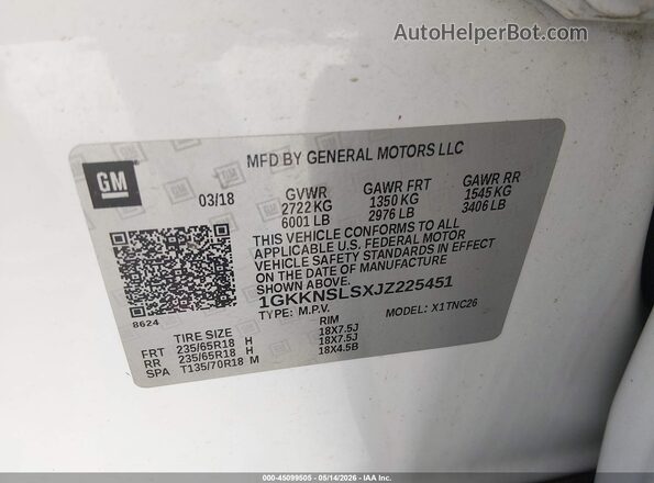 1GKKNSLSXJZ225451 2018 GMC ACADIA White Widok komory silnika