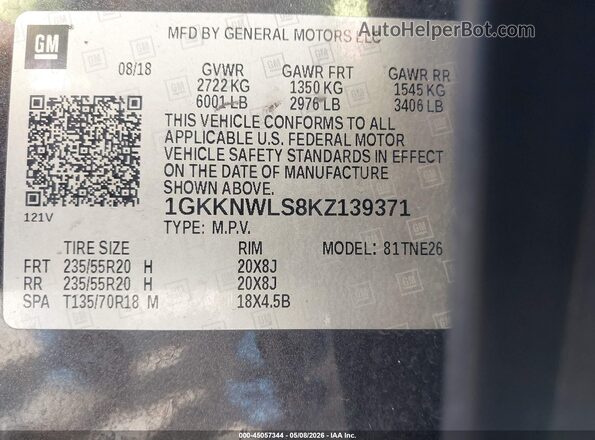1GKKNWLS8KZ139371 2019 GMC ACADIA Gray 