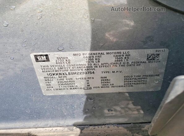 1GKKNXLS0HZ239754 2017 GMC ACADIA Gray Vista de la etiqueta del VIN