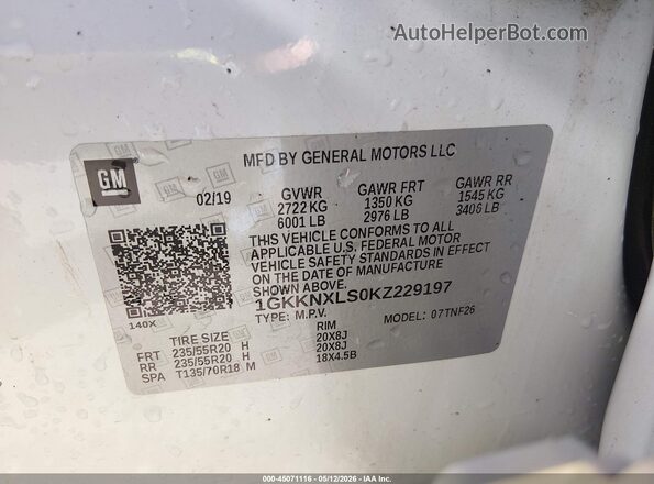 1GKKNXLS0KZ229197 2019 GMC ACADIA Белый Вид подкапотного пространства