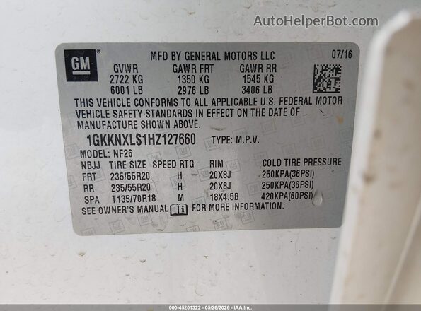 1GKKNXLS1HZ127660 2017 GMC ACADIA Белый 