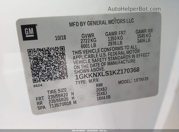 1GKKNXLS1KZ170368 2019 GMC ACADIA White Widok komory silnika