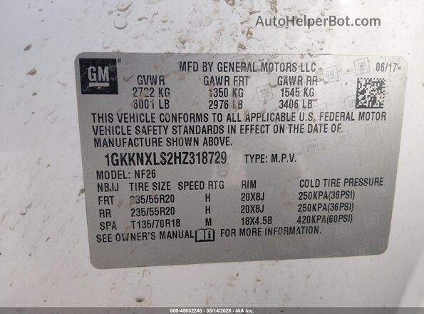 1GKKNXLS2HZ318729 2017 GMC ACADIA White Engine compartment view