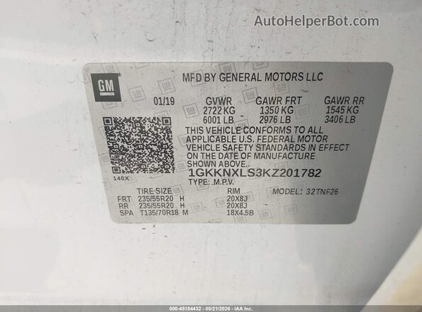 1GKKNXLS3KZ201782 2019 GMC ACADIA White Widok komory silnika
