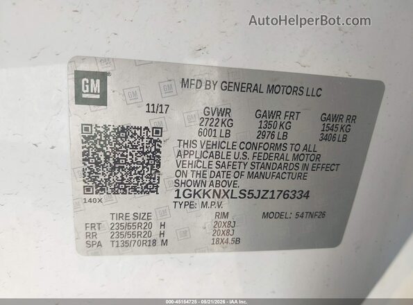 1GKKNXLS5JZ176334 2018 GMC ACADIA White Вид підкапотного простору