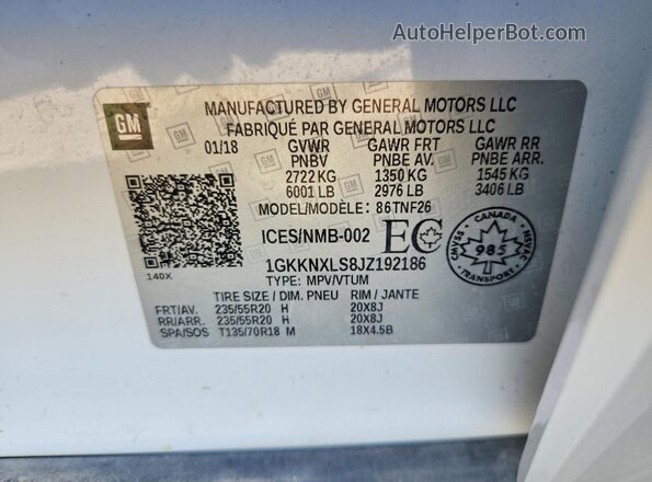 1GKKNXLS8JZ192186 2018 GMC ACADIA White Engine compartment view
