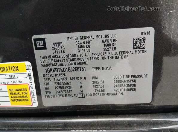 1GKKRTKD1GJ266751 2016 GMC ACADIA Gray Widok komory silnika
