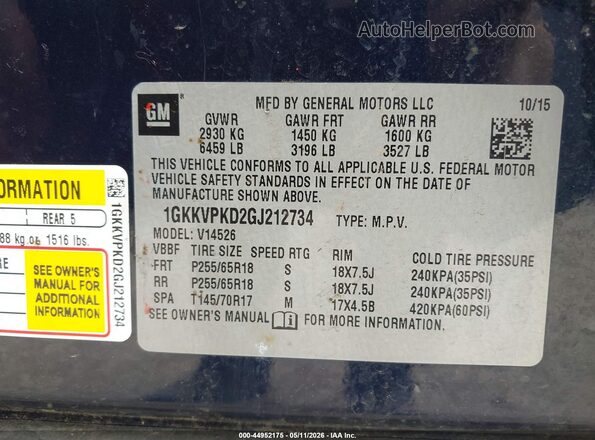 1GKKVPKD2GJ212734 2016 GMC ACADIA Dark Blue Widok komory silnika