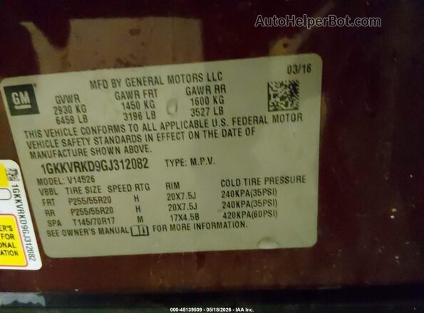 1GKKVRKD9GJ312082 2016 GMC ACADIA Red Вид підкапотного простору