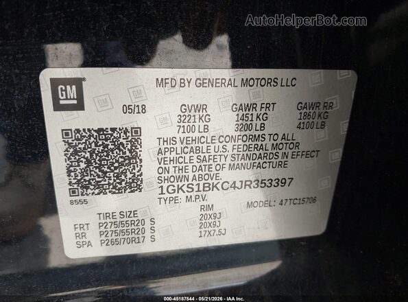 1GKS1BKC4JR353397 2018 GMC YUKON Black Շարժիչի բաժամունքի տեսք