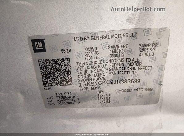 1GKS1GKC9JR383699 2018 GMC YUKON White Engine compartment view