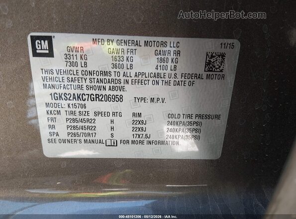 1GKS2AKC7GR206958 2016 GMC YUKON Gray Вид підкапотного простору