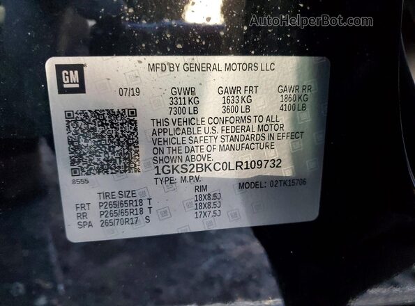 1GKS2BKC0LR109732 2020 GMC YUKON Black VIN კოდის სტიკერის ხედი