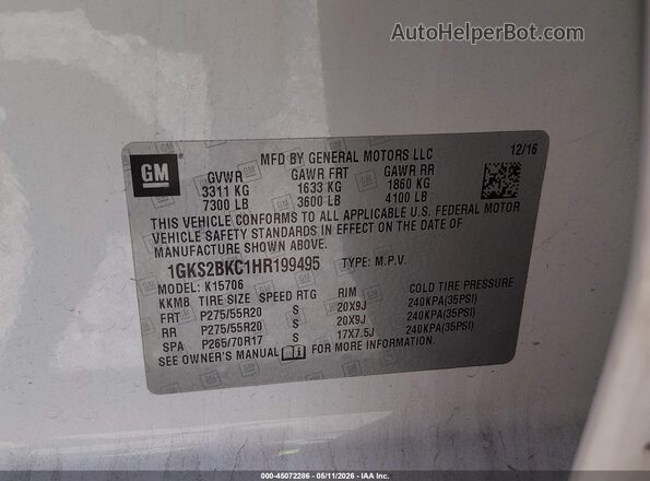 1GKS2BKC1HR199495 2017 GMC YUKON Белый Вид подкапотного пространства