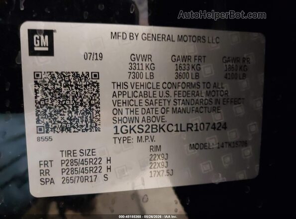 1GKS2BKC1LR107424 2020 GMC YUKON Black Շարժիչի բաժամունքի տեսք