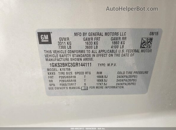 1GKS2BKC3GR144111 2016 GMC YUKON Pewter Вид подкапотного пространства