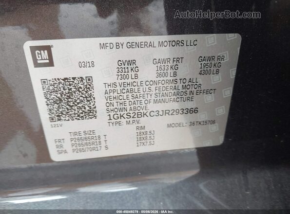 1GKS2BKC3JR293366 2018 GMC YUKON Gray 