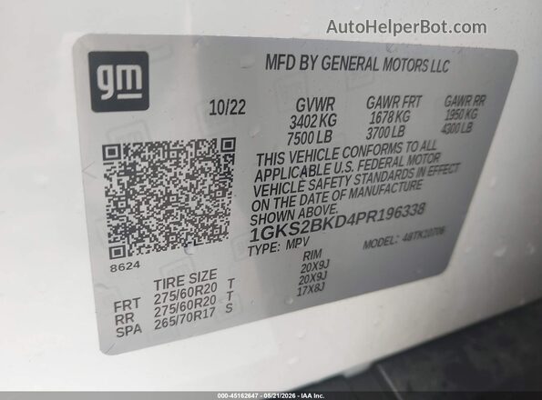 1GKS2BKD4PR196338 2023 GMC YUKON White ძრავის განყოფილების ხედი