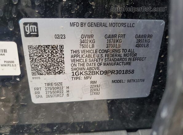 1GKS2BKD9PR301858 2023 GMC YUKON Black VIN კოდის სტიკერის ხედი