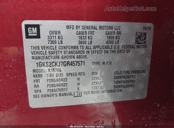 1GKS2CKJ7GR457571 2016 GMC YUKON Red Vista del compartimento del motor