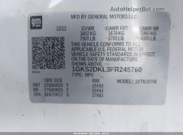 1GKS2DKL3PR245760 2023 GMC YUKON Белый Вид подкапотного пространства