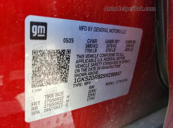 1GKS2DR82SR298847 2025 GMC YUKON Красный Вид наклейки с VIN-кодом
