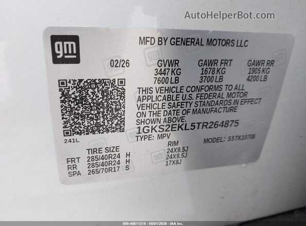 1GKS2EKL5TR264875 2026 GMC YUKON Белый Вид подкапотного пространства