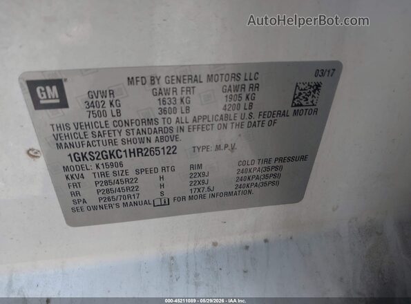 1GKS2GKC1HR265122 2017 GMC YUKON White ძრავის განყოფილების ხედი