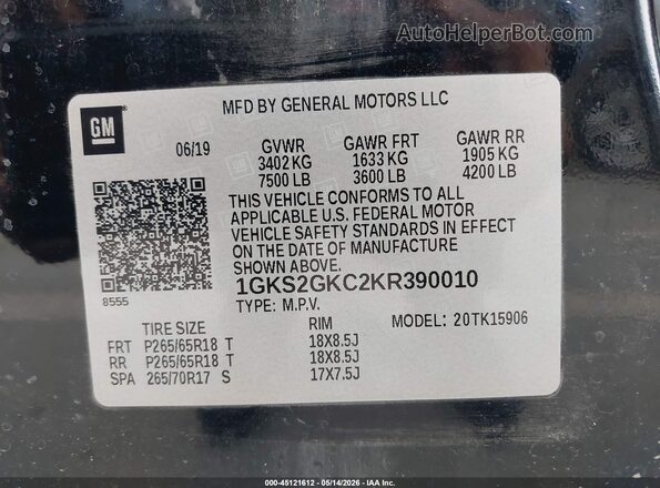 1GKS2GKC2KR390010 2019 GMC YUKON Black Widok komory silnika