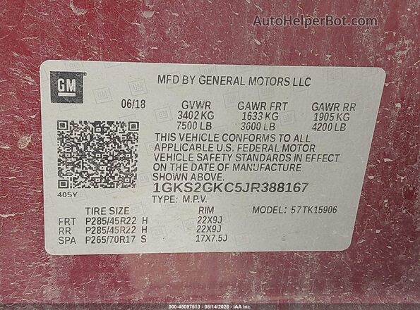 1GKS2GKC5JR388167 2018 GMC YUKON Maroon 