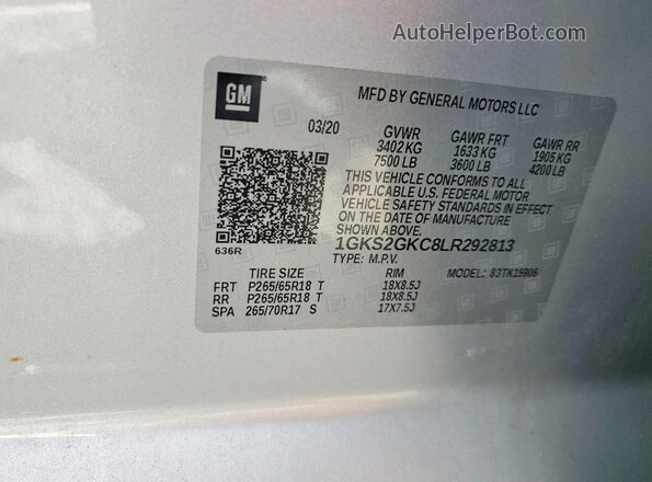 1GKS2GKC8LR292813 2020 GMC YUKON Silver 