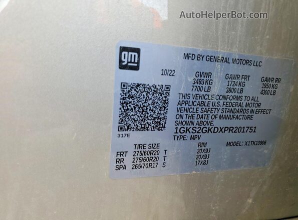 1GKS2GKDXPR201751 2023 GMC YUKON Gold Widok naklejki z numerem VIN