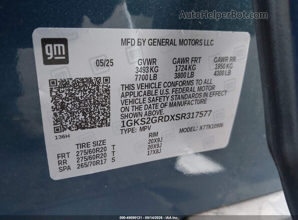 1GKS2GRDXSR317577 2025 GMC YUKON Blue Շարժիչի բաժամունքի տեսք
