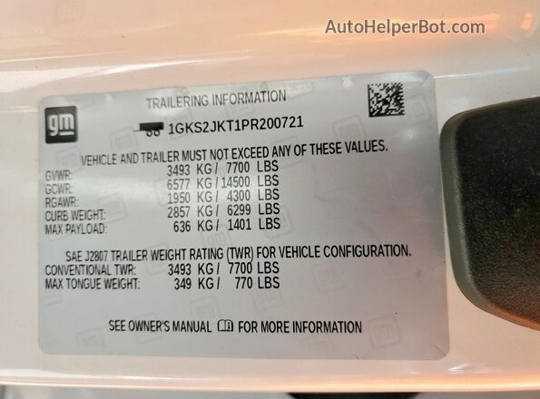 1GKS2JKT1PR200721 2023 GMC YUKON White VIN კოდის სტიკერის ხედი