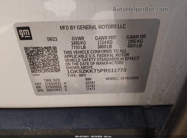 1GKS2KKT5PR511770 2023 GMC YUKON White ძრავის განყოფილების ხედი
