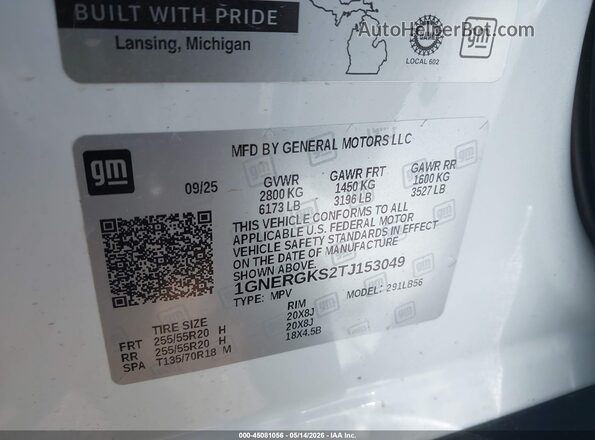 1GNERGKS2TJ153049 2026 CHEVROLET TRAVERSE White Շարժիչի բաժամունքի տեսք