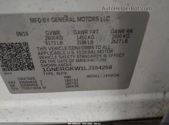1GNERGKW1LJ154258 2020 CHEVROLET TRAVERSE White Vista del compartimento del motor