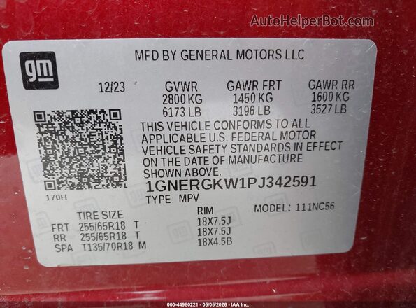 1GNERGKW1PJ342591 2023 CHEVROLET TRAVERSE Красный Вид подкапотного пространства