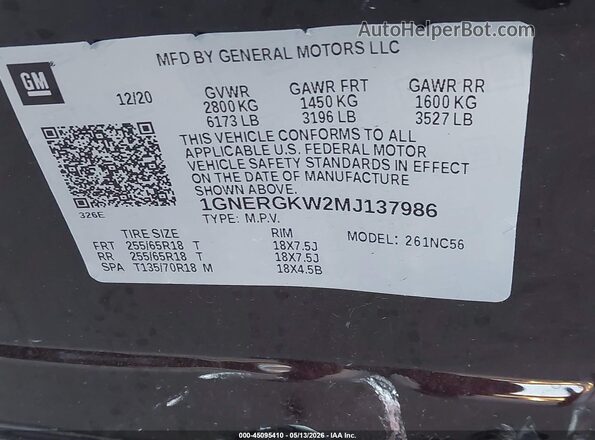 1GNERGKW2MJ137986 2021 CHEVROLET TRAVERSE Black Շարժիչի բաժամունքի տեսք