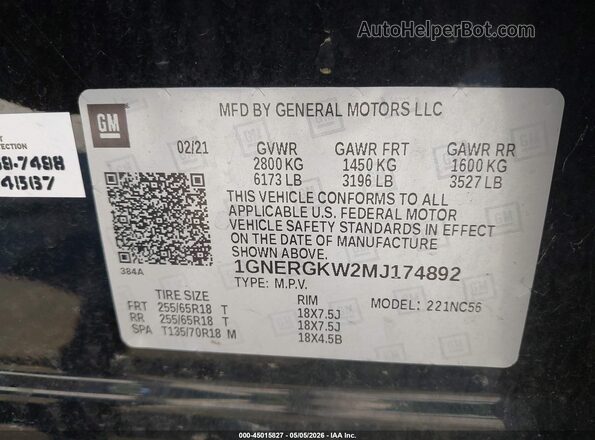 1GNERGKW2MJ174892 2021 CHEVROLET TRAVERSE Black 