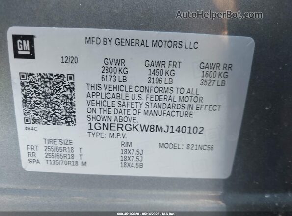 1GNERGKW8MJ140102 2021 CHEVROLET TRAVERSE Gray ძრავის განყოფილების ხედი