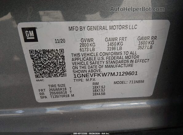 1GNEVFKW7MJ129601 2021 CHEVROLET TRAVERSE Gray Widok komory silnika