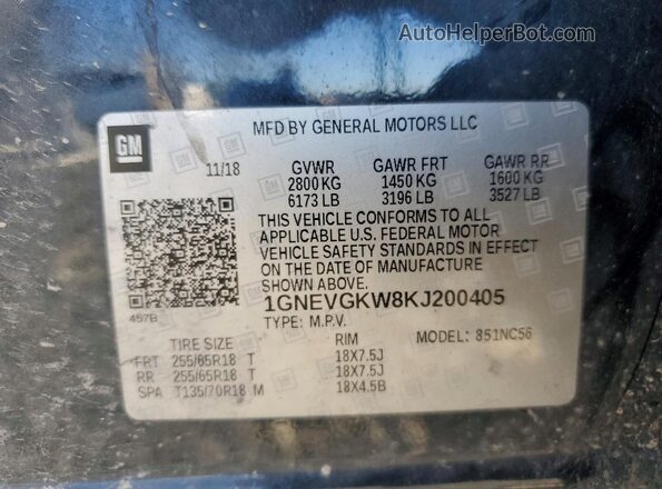 1GNEVGKW8KJ200405 2019 CHEVROLET TRAVERSE Charcoal Вид наклейки з VIN-кодом