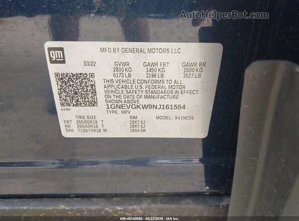 1GNEVGKW9NJ161554 2022 CHEVROLET TRAVERSE Blue Vista del compartimento del motor
