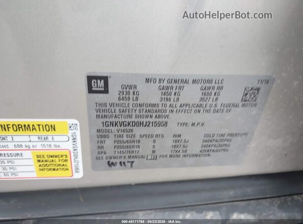 1GNKVGKD0HJ215958 2017 CHEVROLET TRAVERSE Gold Widok komory silnika