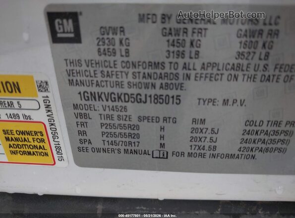 1GNKVGKD5GJ185015 2016 CHEVROLET TRAVERSE White Widok komory silnika