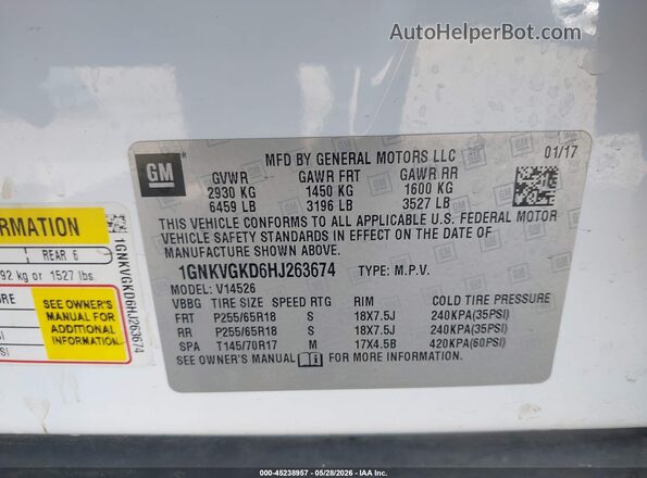 1GNKVGKD6HJ263674 2017 CHEVROLET TRAVERSE White Շարժիչի բաժամունքի տեսք