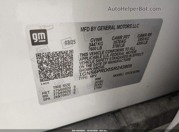 1GNS6PRD0SR243805 2025 CHEVROLET TAHOE White Vista del compartimento del motor